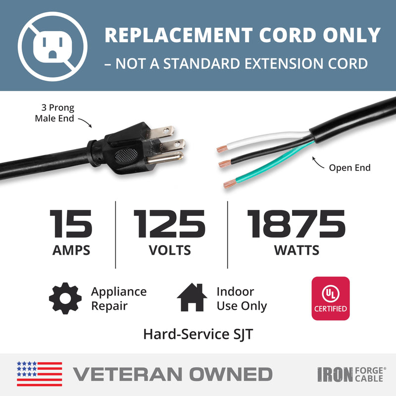 Iron Forge Cable 12 Gauge Power Cord Replacement - 15ft,15 Amp Black Heavy Duty, 12/3 SJT 3 Prong Cable - for Appliances & Power Tools, NEMA 5-15P 15 ft 12 AWG (15 Amp)