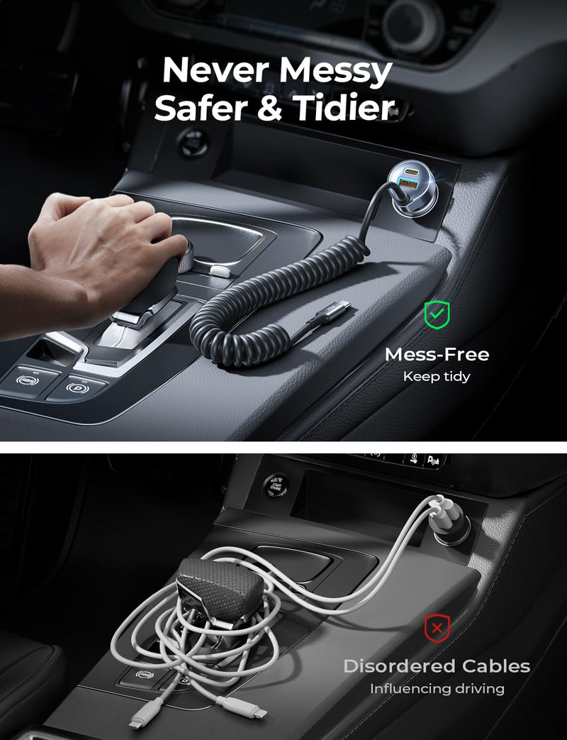 LISEN 65W USB C Car Charger Adapter Fast Charging 5Ft 30W USB C Coiled Cable fit iPhone 15 Charger Fast Charging Car Charger Type C,PD&QC3.0 Car Cigarette Lighter Charger for iPad Pro,Samsung,Android