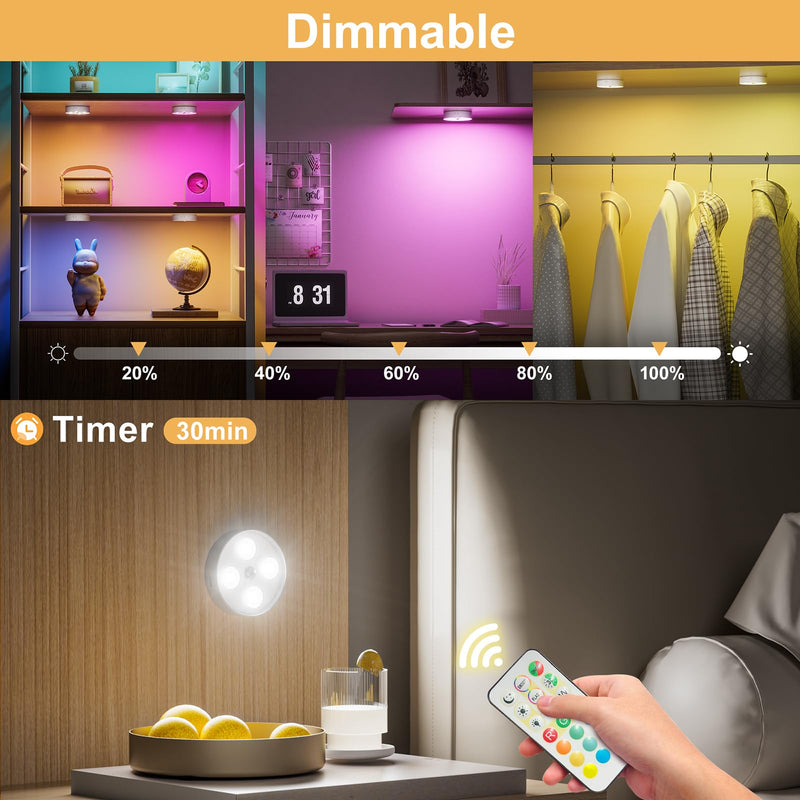 Puck Lights with Remote, Rechargeable 1500mAh Motion Sensor Night Lights, 13 RGB Colors, Dimmable LED Under Cabinet Lighting, Magnetic Stick-On Lights for Closet, Kitchen, Stairs, Counter, 6 Pack RGB Multicolor