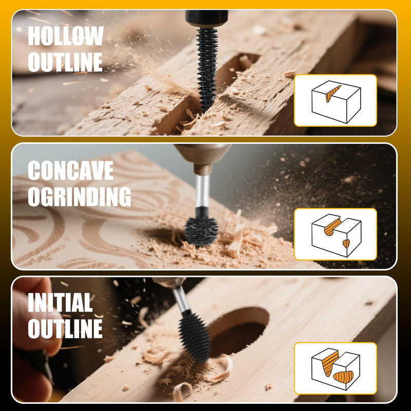 CAELUM Carbide Rotary Burr Kit, 3-Piece Wood Carving Burr Set, 1/8" Shaft Very Coarse Burrs for Fast Material Removal, Sphere Flame Taper Bits for Dremel, DeWalt Rotary Tools, Wood Rubber Plastic 3PcsFlame, Sphere, Taper