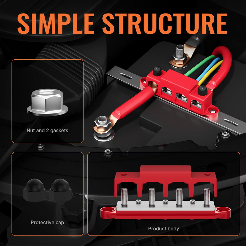 Joinfworld 12V Power Distribution Block 250A Bus Bar with 4 x 5/16" Studs Marine Battery Busbar Terminal Block for Automotive, Car, Boat, Solar Wiring - Positive&Negative 250A 4 x 5/16"(M8) Studs