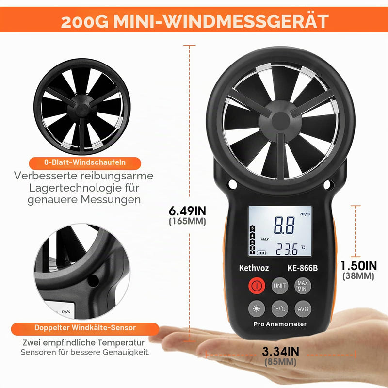 Digital Wind Gauge Wind Meter, Kethvoz Hand Anemometer Sensor with Windchill Indicator Measure Wind Speed Wind Temperature ℃/℉, Wind Speed Meter for Ventilation System/Boat Sailing/Climbing Digital anemometer KE-866B