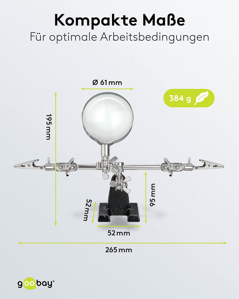 Goobay 51199 Third hand soldering with magnifying glass 2.5x magnification Solder holder as a soldering aid Helping hands Circuit board holder with crocodile clips Minimalist