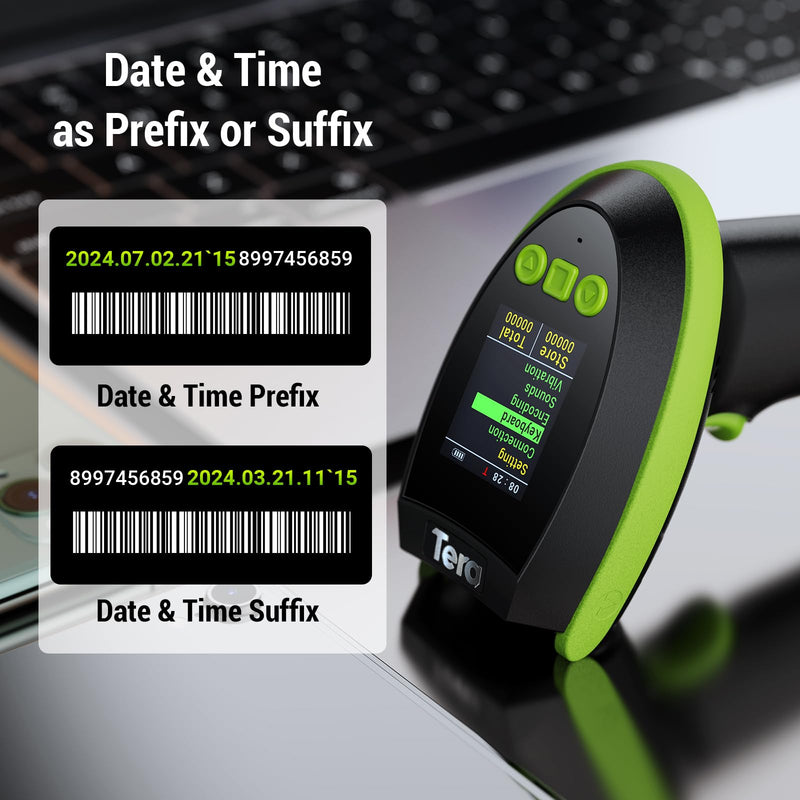 Tera Barcode Scanner Wireless 2D QR with Stand: Digital Setting Screen Keypad Pro Version Extra Fast Scanning Speed Works with Bluetooth 2.4G Wireless USB Wired Bar Code Reader HW0009-Z Green Green with Stand