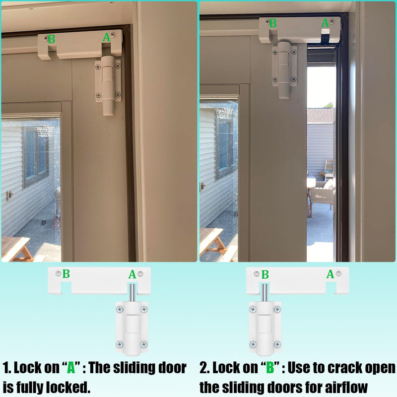 Patio Sliding Glass Door Security Lock/Bolt, Rail-Childproof Safety Window Locks for Any Slide Doors and Windows, Install on The Top Bottom Foot Kick Lock White 2PC 2