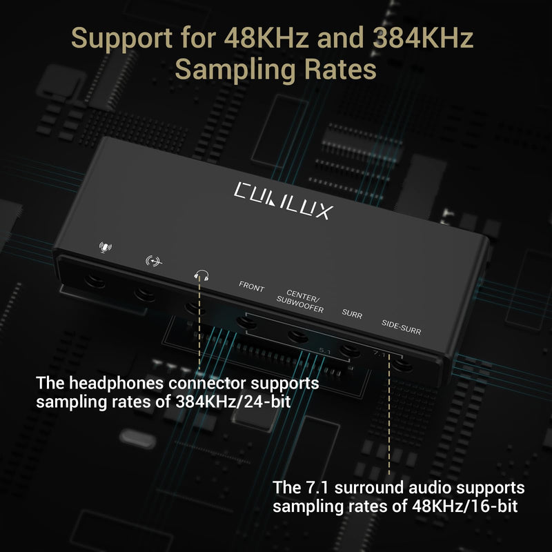 Cubilux 7.1 USB Surround Sound Card- 48KHz-384KHz Sample Rate for Headphones, Full Aluminum Alloy USB A External Sound Card for Laptop PC-Supports Line-in & Stereo Mic in