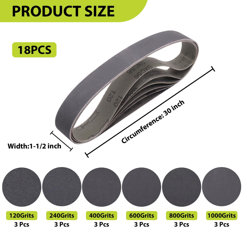 18 Pack 1-1/2 x 30 Inch Silicon Carbide Sanding Belts, 3 Each of 120 240 400 600 800 1000 Grits Sander Belts for Knife Sharpening, Metal & Woodworking, 1.5 x 30 Sanding Belts 1-1/2x30 inch