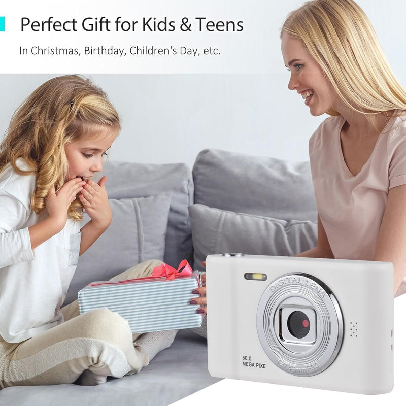 4K Digital Camera, FHD 1080P Kids Camera, 50MP Point and Shoot Camera with 16X Zoom Anti Shake, Compact Portable Small Camera for Girls Boys Teen Student with 32GB Micro SD Card, 1x Batteries White