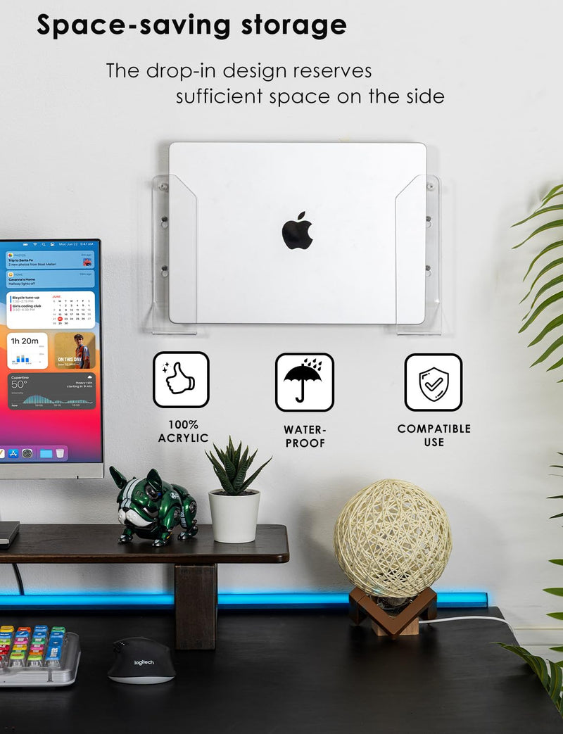 Laptop Wall Mount Holder, Space-Saving Under Desk Laptop Mount with Cable Slots, Supports 1.26" Thick Devices, Compatible with iPad/MacBooks/Surface (Clear)