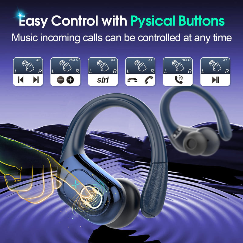 Wireless Earbuds 75hrs Bluetooth 5.3 Headphone Sport, 2025 Bluetooth Earbuds Stereo Deep Bass Over Ear Bud with Earhooks, ENC Noise Cancelling Mic, IPX7 Waterproof Earphone, Royal Blue