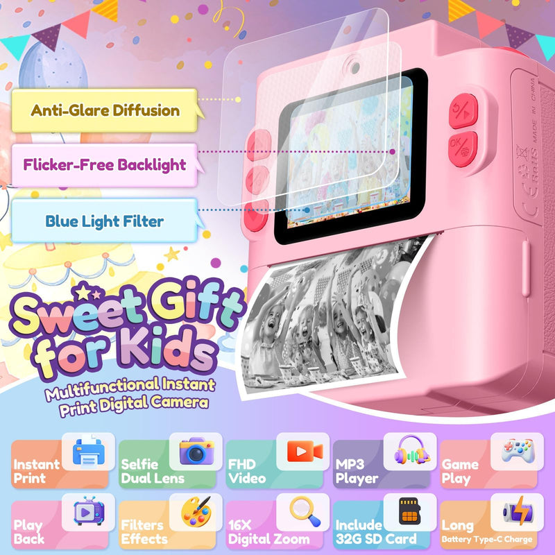 Gift for 3-12 Year Old Girls: Kids Camera Digital Instant Print 1080P Dual Camera Toys Birthday Christmas Valentines Gifts for Kid Girls Boys Ages 3 4 5 6 7 8 9 10 with 32G SD Card Storage Bag Pink