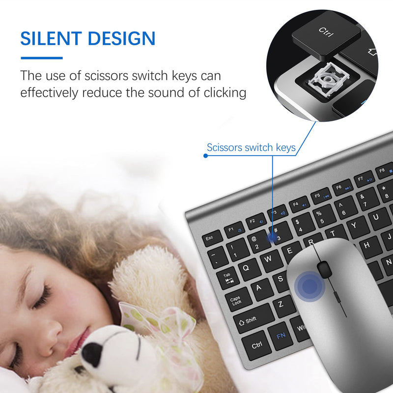 TopMate Wireless Keyboard and Mouse Ultra Slim Combo, 2.4G Silent Compact USB Mouse and Scissor Switch Keyboard Set with Cover, 2 AA and 2 AAA Batteries, for PC/Laptop/Windows/Mac - Gray Black