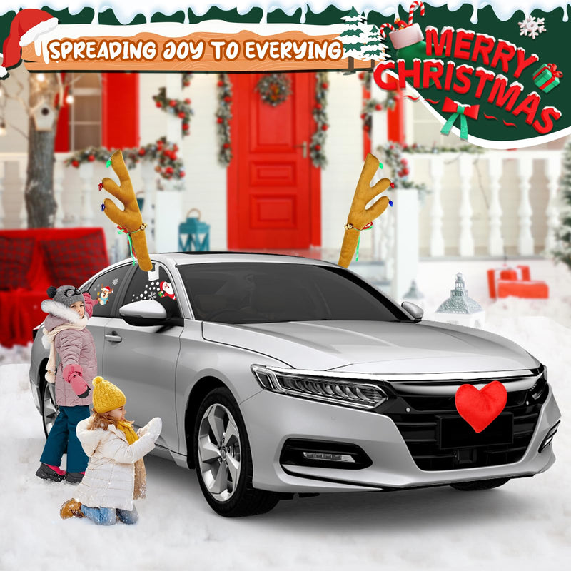 Reindeer Car Kit for Christmas with Nose, Christmas 4 Window Sticker, Car Antlers and Nose for Car Window Roof-Top & Front Grille, Auto Holiday Decoration Reindeer for Car SUV Van Truck 15.5 inches Heart-shaped Nose