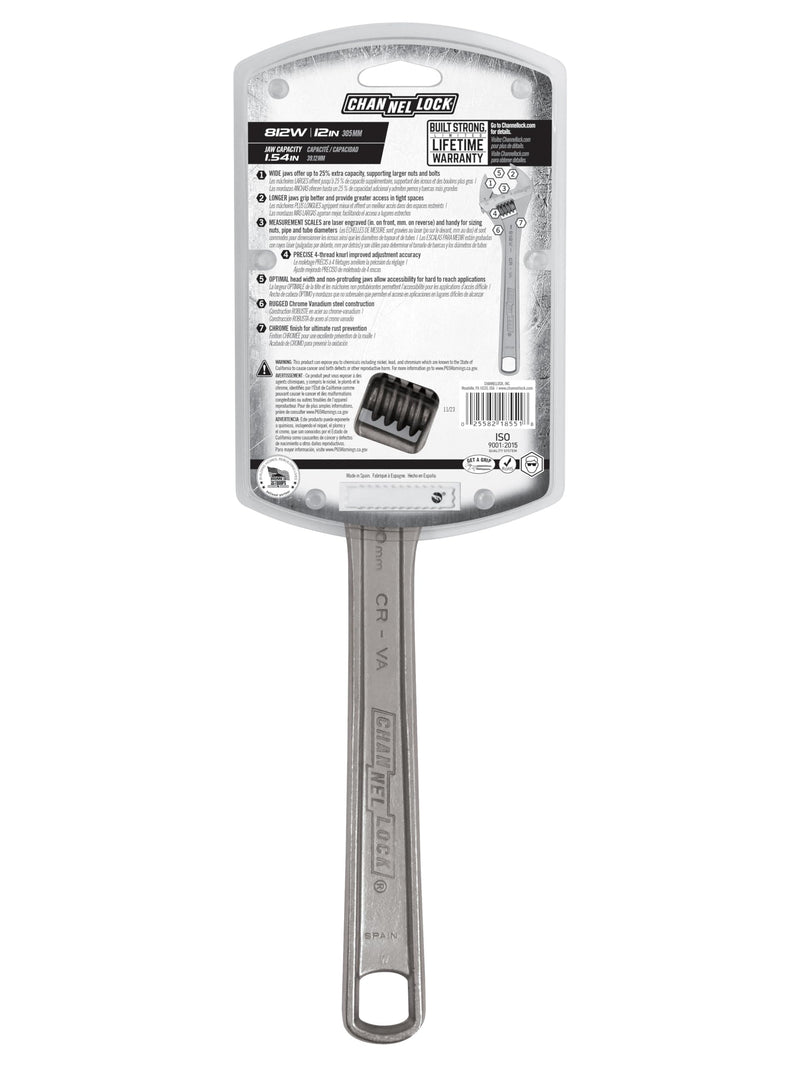 Channellock Adjustable Wrench 812W - Wide Jaw, Precise Grip, Measurement Scales - 12 in Chrome/Nickel