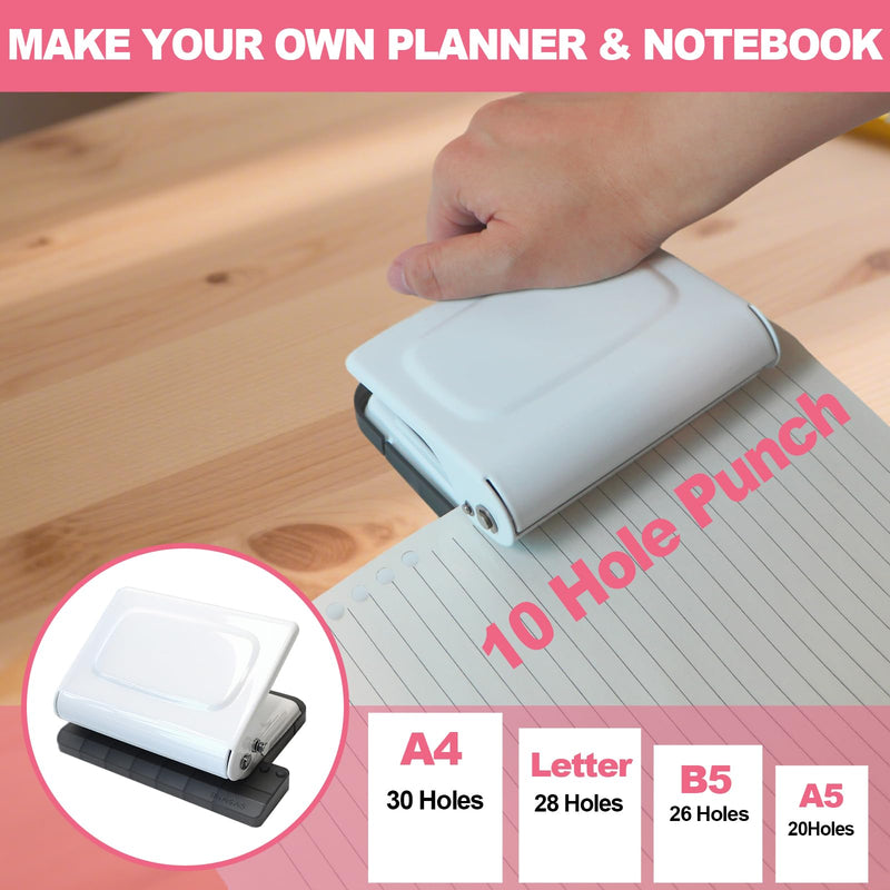 10 Hole Punch Binding Machine for Planner, Manual Binding System with 10 Multi-Color Binder Rings for Making 26 Holes on B5, 30 Holes on A4, 20 Holes on A5 Book, 10 Sheet Capacity - White