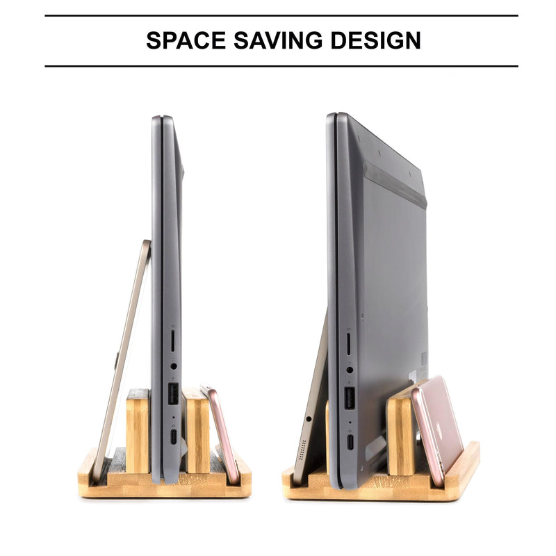 S&A WOODCRAFT 3 Slots Bamboo Wood Vertical Laptop Stand, Adjustable Wooden Laptop Holder, Non-Slip Laptop Dock Compatible with Apple MacBook, Microsoft Surface, Gaming Laptops, IPad, Tablets Natural Bamboo