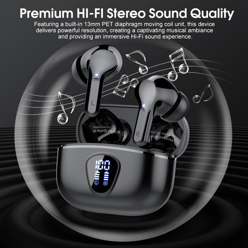 Wireless Earbuds, Bluetooth 5.3 Headphones HiFi Stereo, Bluetooth Earbuds with ENC Noise Cancelling Mic, IP7 Waterproof in Ear Earphones, 48H, LED Display Ear buds for Pad Phones Workout Sports, Black