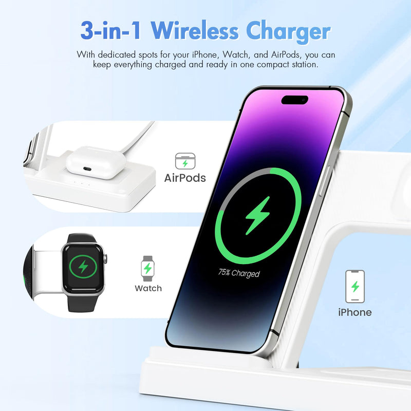 Wireless Charging Station for Apple Devices: 3 in 1 Foldable Qi Compact Case-Friendly Charger Stand for iPhone 16-12 & Apple Watch & AirPods Charging Dock for Travel Home Office Desk Nightstand(White) White 1