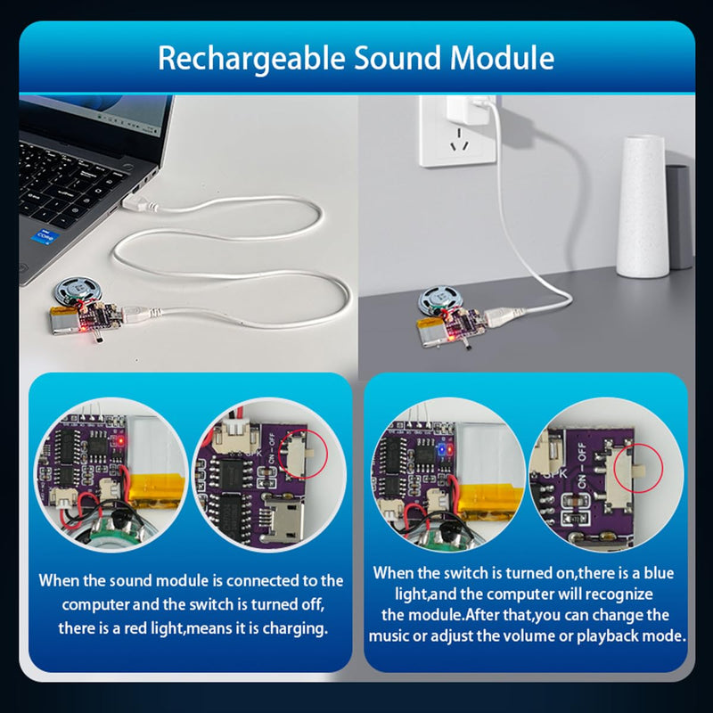 Voice Module, Magnet Sensor Control Activated MP3 Music Sound Chips, 16MB Sound Module for Crafts, Christmas, New Year Greeting Cards, Box with Speaker Lithium Battery Powered and USB Cable. JR-JX7004-Magnet Sound Module