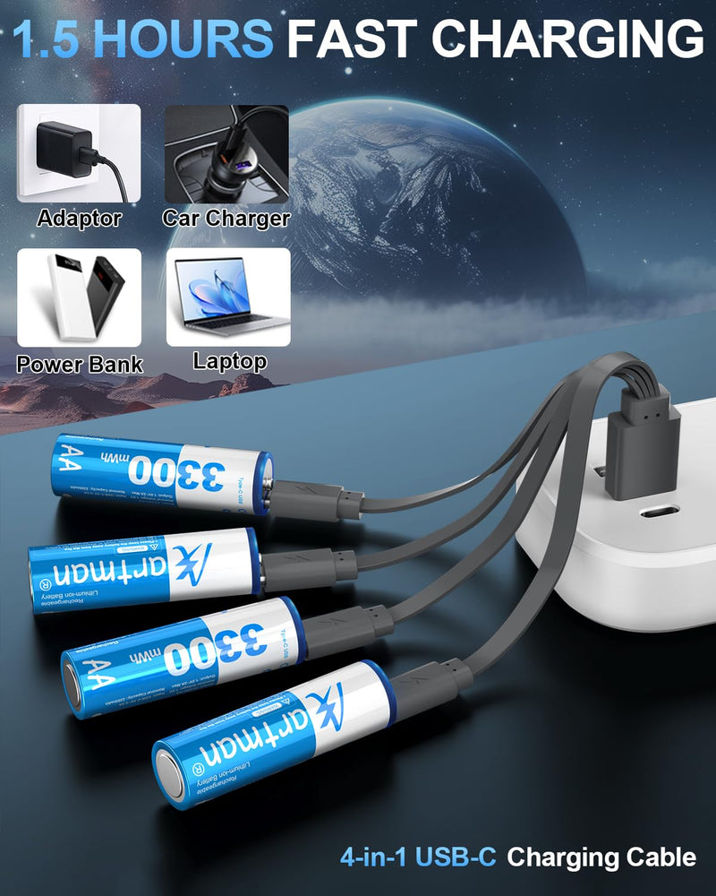 Artman USB Rechargeable AA Lithium Batteries, 1.5V Double A Batteries with 4-in-1 USB-C Charging Cable, Rechargeable Lithium AA Battery for Blink Camera, Remote Controller, Flashlight (8 Pack) 8-Pack AA Batteries USB