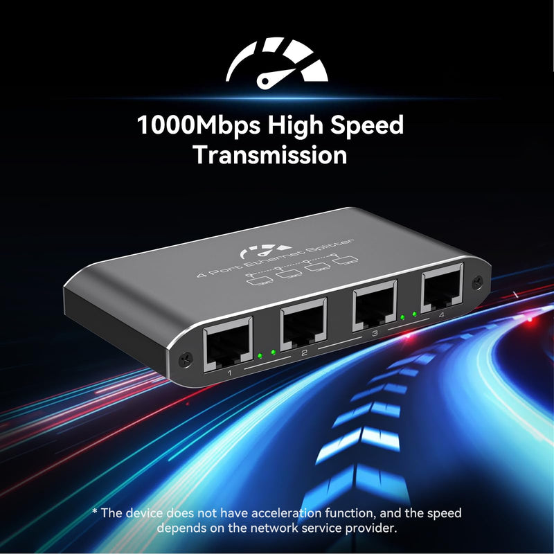 Ethernet Splitter 1 to 4 1000Mbps High Speed Internet Splitter, Gigabit Network Splitter with an Ethernet Cable and a USB Power Cable, 1 in 4 Out LAN RJ45 Splitter Work with Cat 6/7/8 Cable
