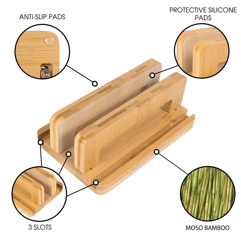 S&A WOODCRAFT 3 Slots Bamboo Wood Vertical Laptop Stand, Adjustable Wooden Laptop Holder, Non-Slip Laptop Dock Compatible with Apple MacBook, Microsoft Surface, Gaming Laptops, IPad, Tablets Natural Bamboo