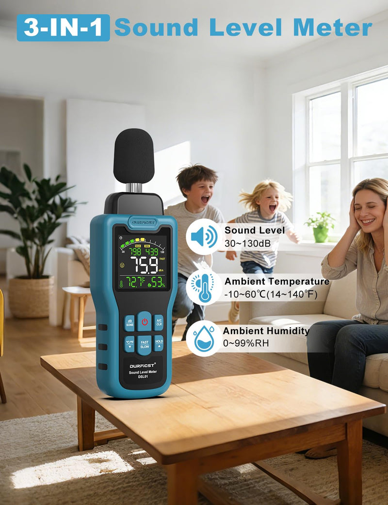 DURFICST Decibel Meter 30-130dB Meter with Temperature Humidity | Sound level meter with LCD color display, AC rating, dB/SONE unit, fast/slow response time