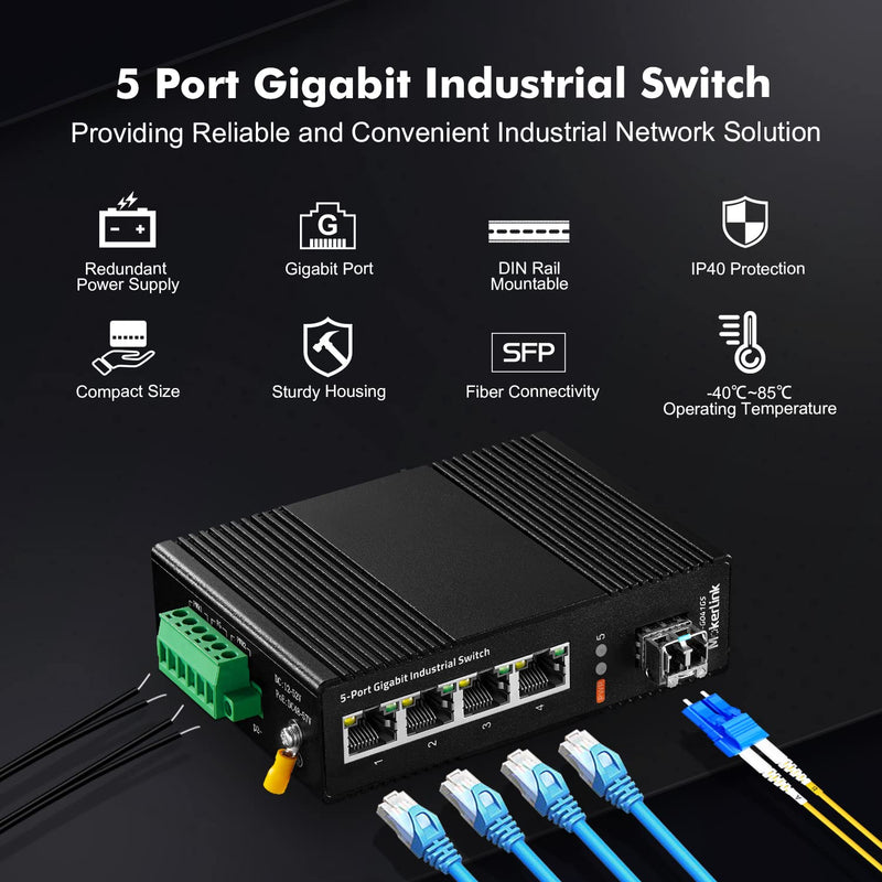 MokerLink 5 Port Industrial DIN-Rail Network Switch, 4 Gigabit Ethernet, 1 SFP, 14Gbps Switching Capacity, IP40 Rated (-40 to 185F), With UL Power Supply 4*1G, 1SFP
