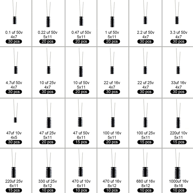 Elkos capacitor aluminum electrolytic capacitor 10V 16V 25V 50V assortment kit capacity 0.1uF to 1000uF with storage box 24 value 500 pieces