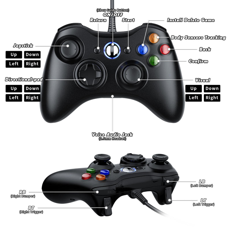 Dinosoo Replacement for Xbox 360 Controller Wired, Upgraded Joystick Compatible with Xbox 360 & Slim/Windows 11/10/8/7 PC Controller, with Dual-Vibration Voice Function Black Xbox 360 Controller 1-pack