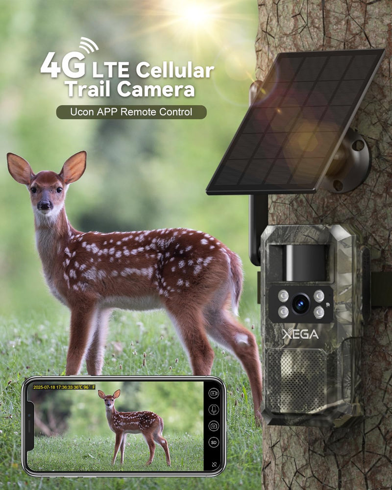 Xega 4G LTE Cellular Trail Camera with Livestreaming, No WiFi Game Camera with Built-in SIM Card, Motion Activated, 7800mAh Battery, Color Night Vision No Glow 950nm IR LEDs, IP66 Weatherproof