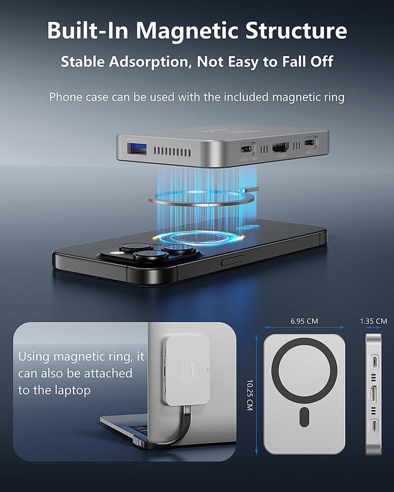 Magnetic M.2 NVMe Enclosure with Cooling Fan, 7 in 1 USB C Hub 10Gbps Data Transfer 4K@60Hz HDMI 100W Power Delivery SD/TF Card Reader M.2 NVMe SSD Docking Station for Type-C Devices