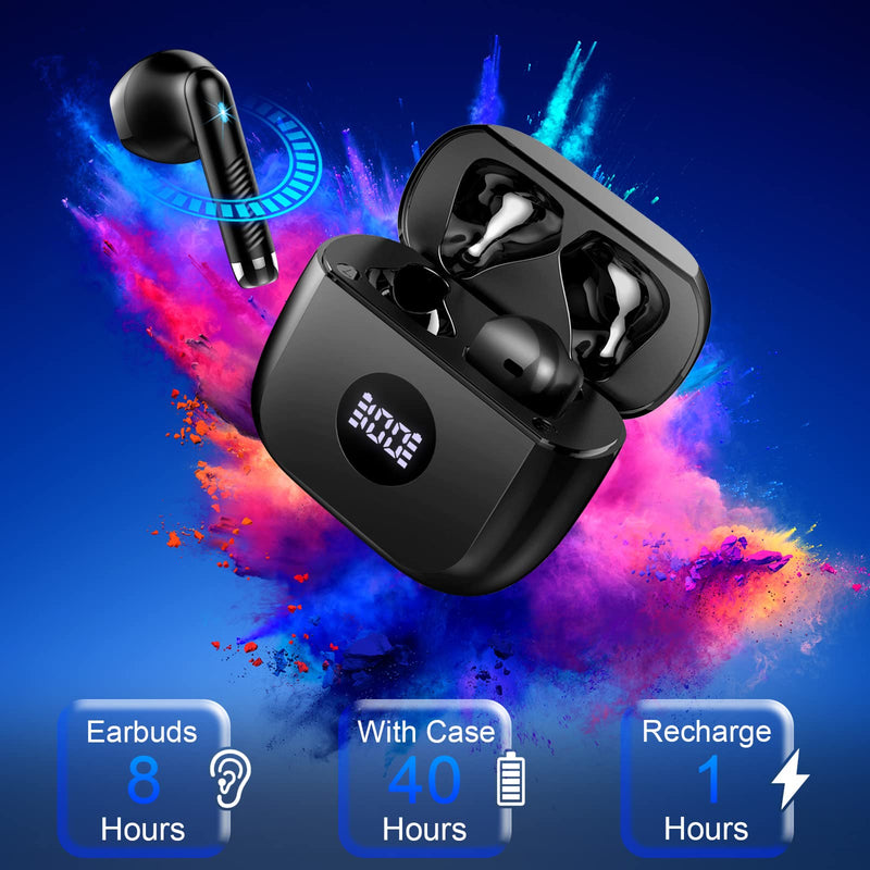 Wireless Earbuds, Bluetooth 5.4 Ear Buds LED Power Display Headphones Bass Stereo, Bluetooth Earbuds in-Ear Noise Cancelling Mic, 40H Playback Mini Case IP7 Waterproof Sports Earphones for Android iOS Black