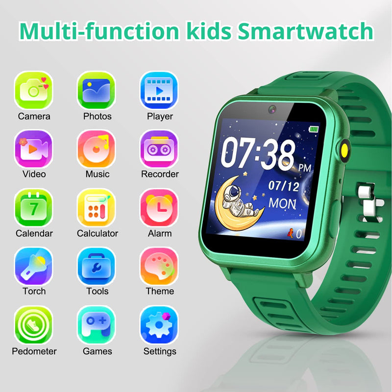 Kids Game Smart Watch Boys with 24 Puzzle Games Camera Video Player Pedometer Alarm Clock Calculator Flashlight 12/24 hr HD Touch Screen Kids Watches Toys for 7 8 9 10 11 12 Year Old Boys Green