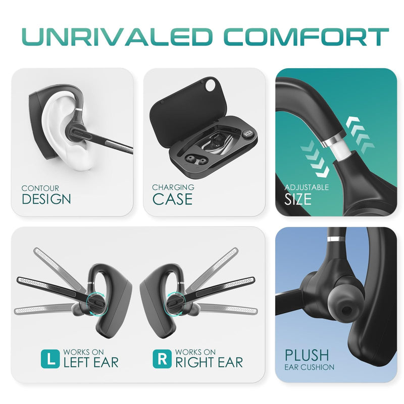Bluetooth Headset with Noise Cancelling Mic, Wireless Headphones for Business & Office Teams, Dongle & Charging Case for iPhone Cell Phones, Trucker Work, Handsfree & Mute Buttons