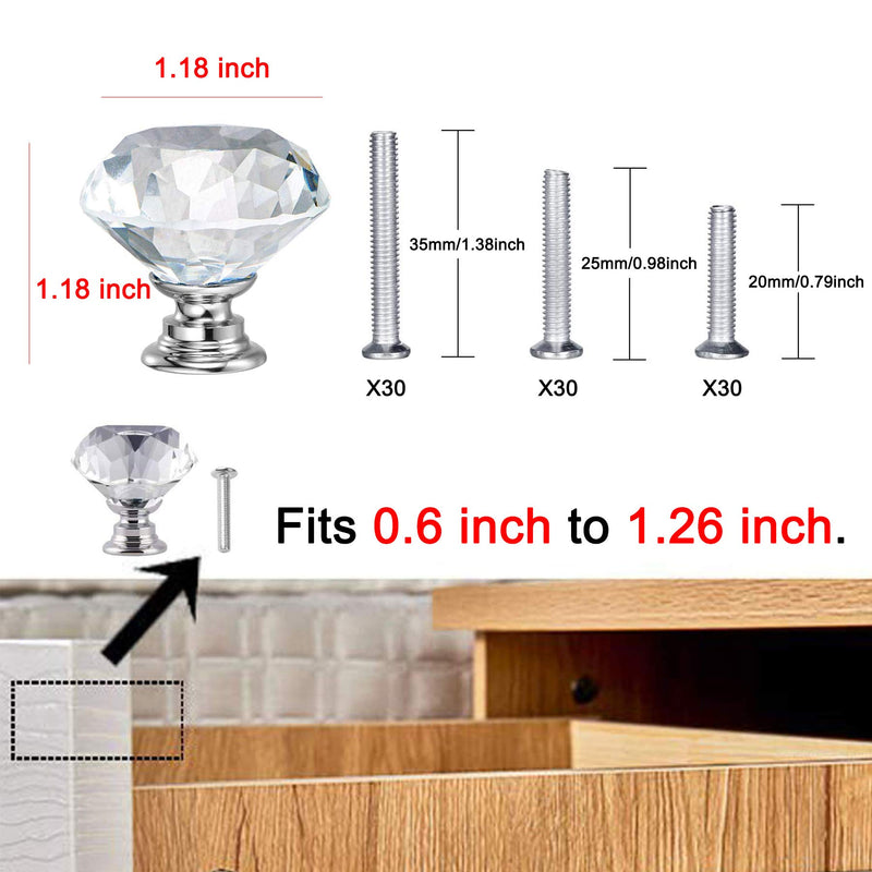 YourGift 30 Pack Drawer Knobs Diamond Shaped Crystal Glass 30mm Cabinet Knobs Pull Handle (30 mm, 30 Pack, Silver) 30 mm, 30 Pack