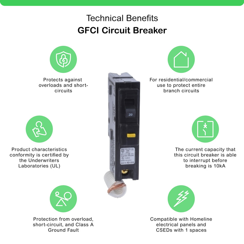 Square D by Schneider Electric Homeline 20 Amp Mini Circuit Breaker, 1 Pole, 120V AC, 10kA Breaking Capacity, Plug in Mount, GFCI, Residential Use (HOM120GFICP) Pack of 1