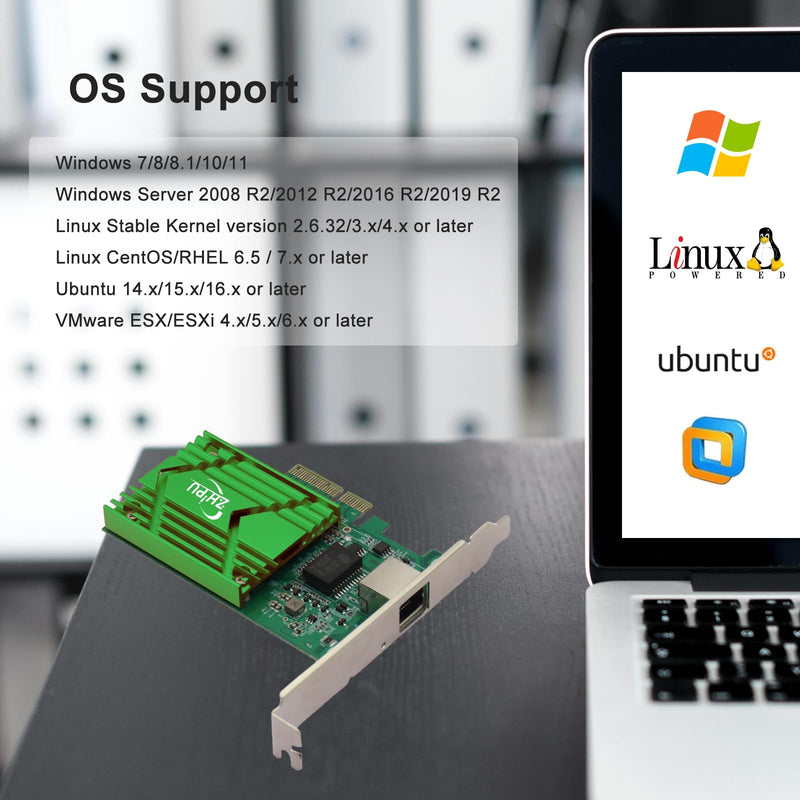 PCIex4 10G RJ45 Ethernet Network Adapter, Single-Port RJ45 NIC Network Card, 10/100/1000M/2.5G/5G/10Gbps Data Rate, Support Windows Server/Windows/Linux/Ubuntu, Green