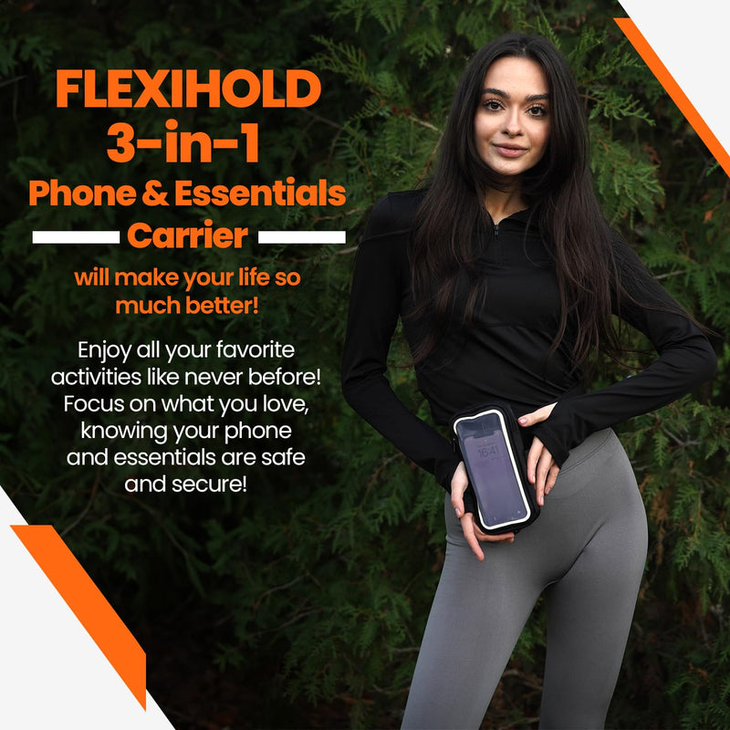 Ultimate 3-in-1 Essentials Carrier: Running Handheld Phone Holder, Hiking Pouch Belt Holster & Fitness Armband Case - with Clear Window, Fits iPhones and Most Androids - Water Resistant, Adjustable! Stylish Black