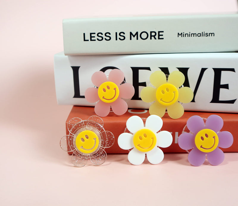 Cheerful Smiley Flower Phone Grip - Bright, Expandable, Collapsible - Comfortable Touch, Secure Grip (White) White