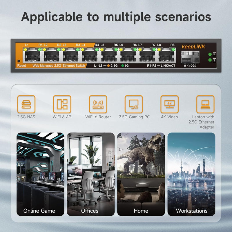 8 Ports 2.5G Switch Smart Web Managed, 8 x 2.5G Base-T & 1 x 10G SFP Slot, Support 802.3ad Static Aggregation, QOS/VLAN/IGMP, Metal Housing Network Ethernet Switch 8 Port 2.5G Switch Managed