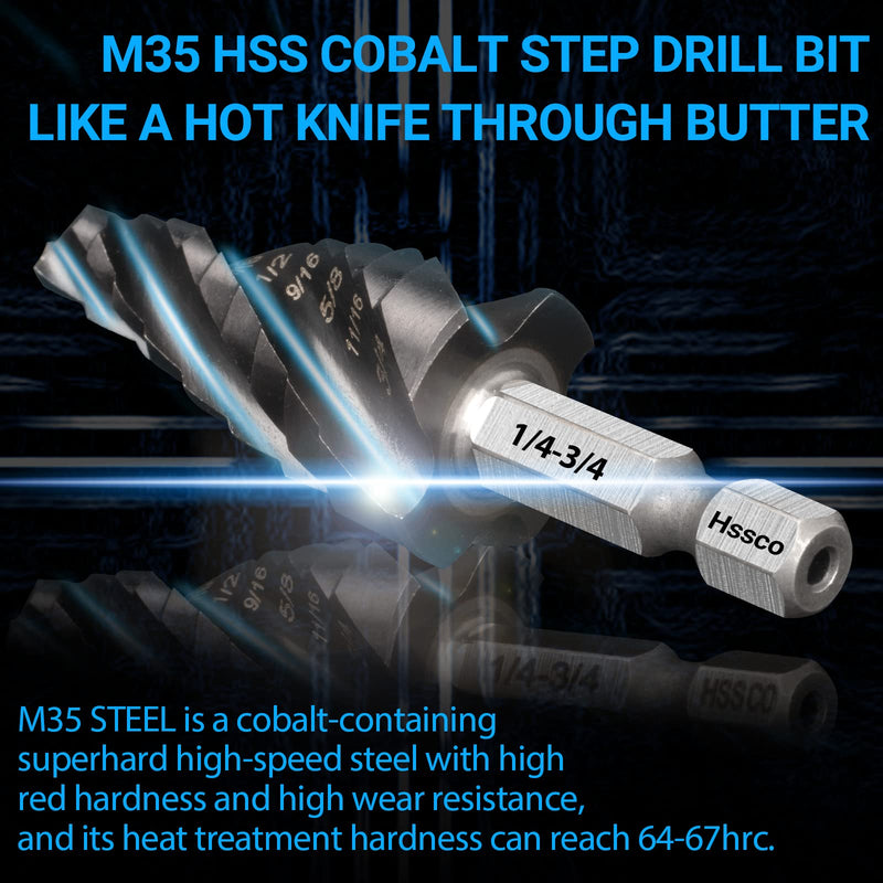 MABLEVI M35 Four Spiral Flute Cobalt Step Drill Bit Set 1/8"-7/8", Wear-Resistant TiAlN Coated 1/4" Hex Shank Unibit Step Bit for Metal, Stainless Steel, Aluminum, Wood, Plastic（3Pcs） 1/8"-7/8" (3PCS)