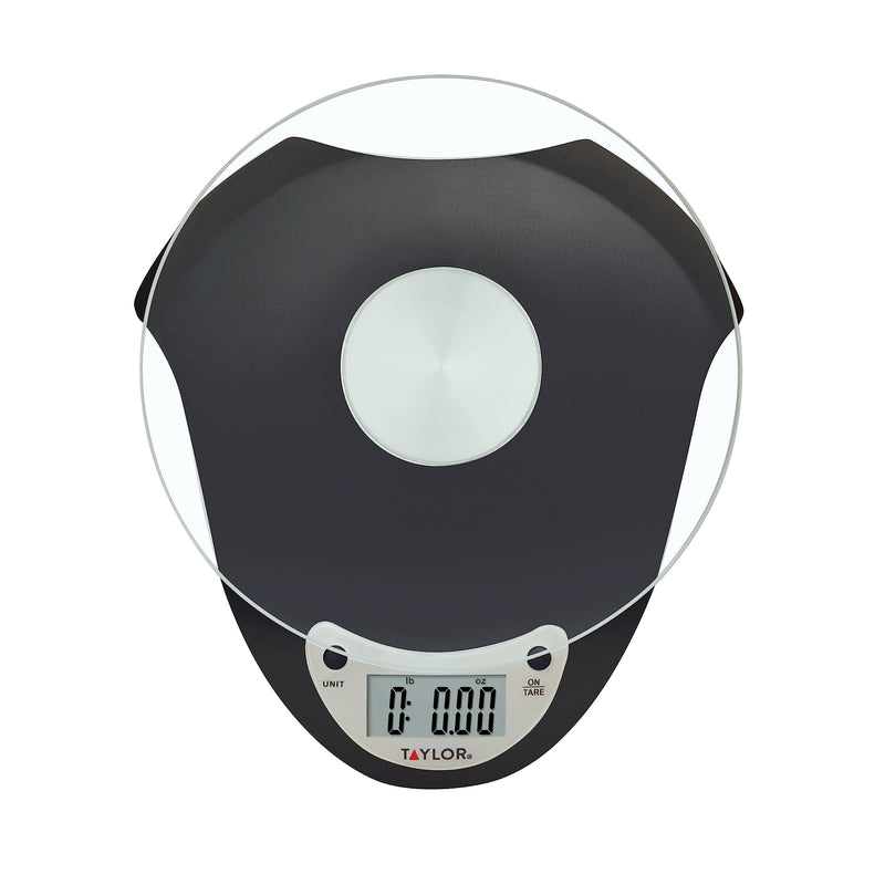 Taylor Digital Kitchen Scale with Glass Platform, Tare Button, and Plastic Body Weighs up to 11 Pounds Capacity, Black
