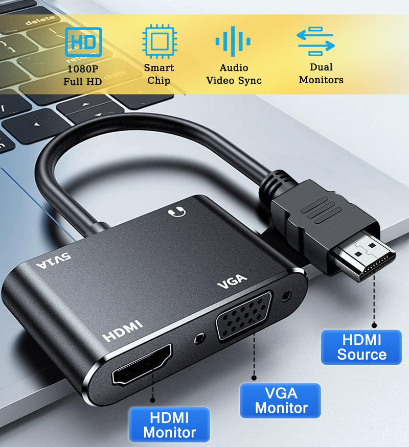 HDMI to VGA+HDMI Adapter for Dual Monitor, HDMI to VGA, HDMI to HDMI Splitter 2-in-1,1080P@60HZ Full HD Display Video Converter Compaitble with Windows/Mac Os/Linux, Plug & Play