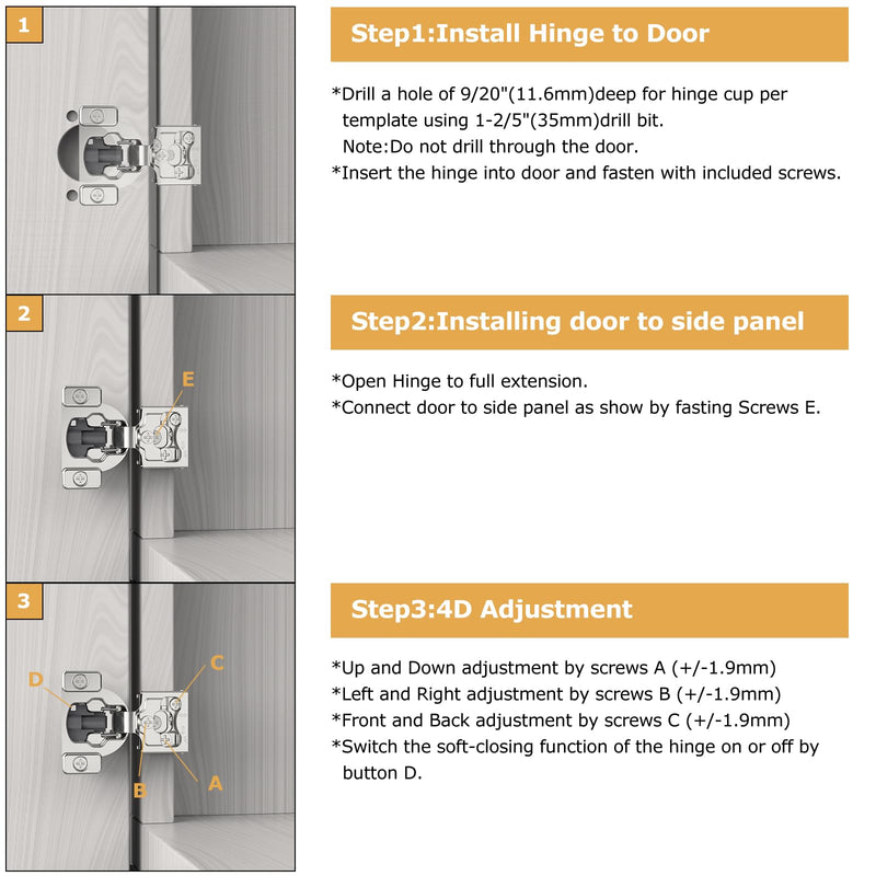 Furniware 10 Pieces 1/4" Small Overlay Concealed Face Frame Hinges, 105° Open Angle 4 Level Soft Close Screw On Compact Cabinet Hinge,for Face Frame Door, Soft Close On/Off Switch, Self Closing 1/4 Inch