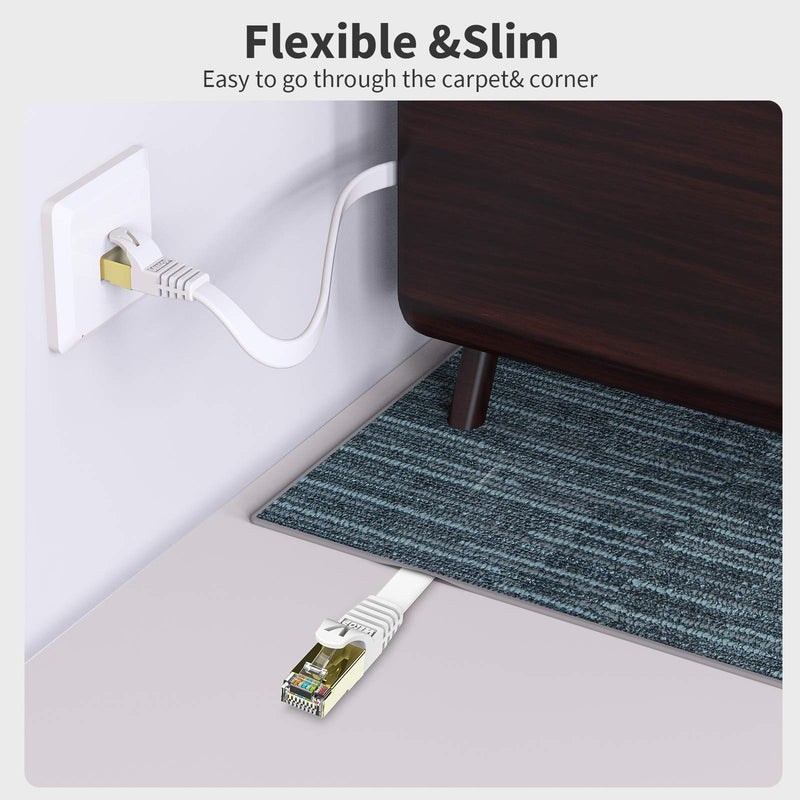 Veetop 10m Lan Cable Network Cable Cat 7 Ethernet Cable with Gold-Plated RJ45 Connector Flat and Thin with 10 Gbps Transfer Rate 10 Meters White White
