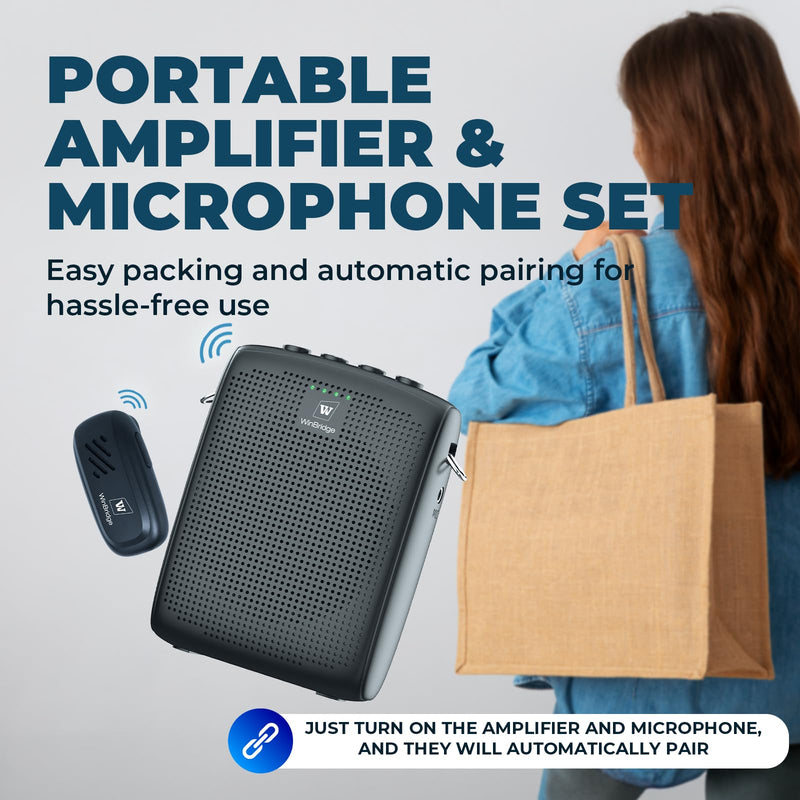 WinBridge Wireless Voice Amplifier with Bluetooth Lavalier Lapel Microphone for Teachers,Portable Speaker and Wireless Clip On Microphone System, Mini Megaphone Speaker Mic Set 15W 2600mAh WB005 WB005N