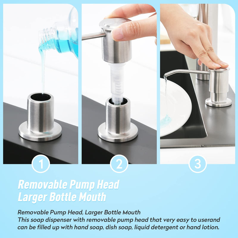 CREA Kitchen Sink Soap Dispenser Countertop for Kitchen Sink, Stainless Stee Built in Sink Soap Dispenser Brushed Nickel for Bathroom with 39" Tube Large Capacity 17 OZ Bottle Circular