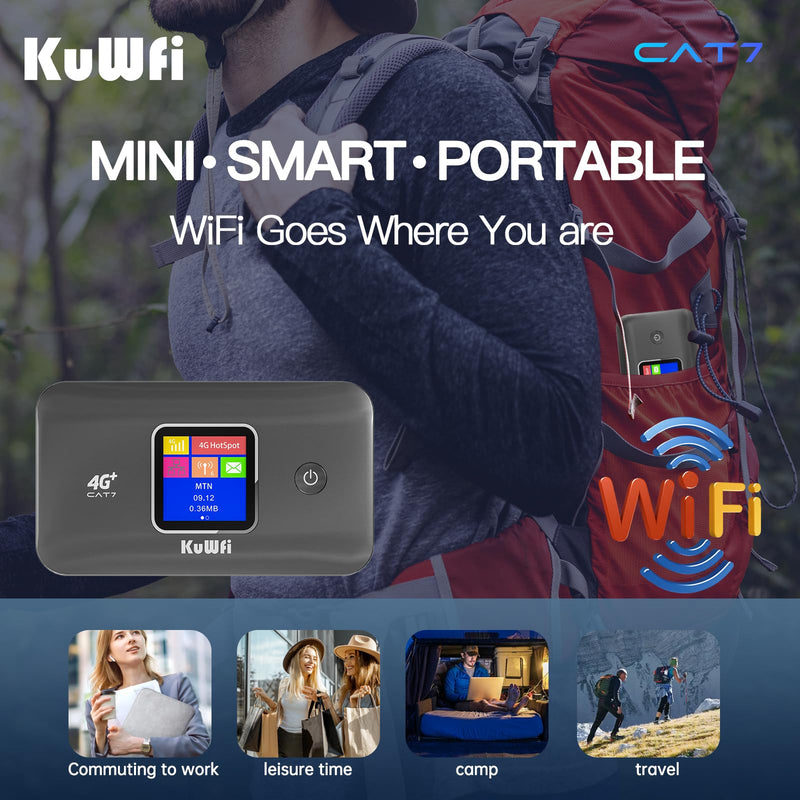 KuWFi 4G+ CAT7 Unlocked 4G LTE Mobile WiFi Hotspot, 300Mbps High-Speed Travel Router with SIM Card Slot for RV/Camping/Trips, Works with T-Mobile AT&T