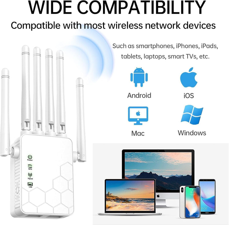 WiFi Extenders Signal Booster for Home Long Range Up to 11000 sq.ft for 35+ Devices,Internet Extender WiFi Booster, Long Range WiFi Extender,with 6 Antennas 360° Full Coverage Ethernet Port (White) white